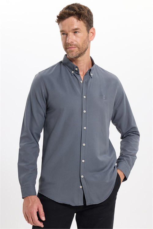 Erkek Slim Fit Dar Kesim Düz Oxford Armalı Düğmeli Yaka Antrasit Spor Gömlek