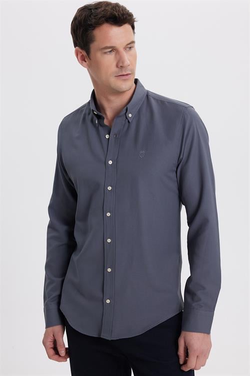 Erkek Slim Fit Dar Kesim Düz Oxford Armalı Düğmeli Yaka Antrasit Spor Gömlek