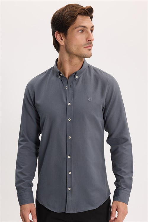 Erkek Slim Fit Dar Kesim Düz Oxford Armalı Düğmeli Yaka Antrasit Spor Gömlek