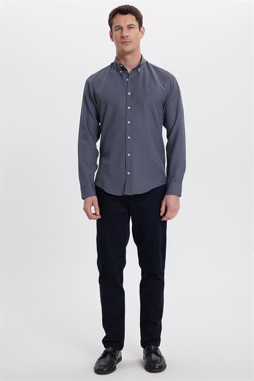 Erkek Slim Fit Dar Kesim Düz Oxford Armalı Düğmeli Yaka Antrasit Spor Gömlek