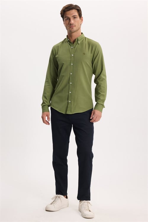 Erkek Slim Fit Dar Kesim Düz Oxford Armalı Düğmeli Yaka Yeşil Spor Gömlek