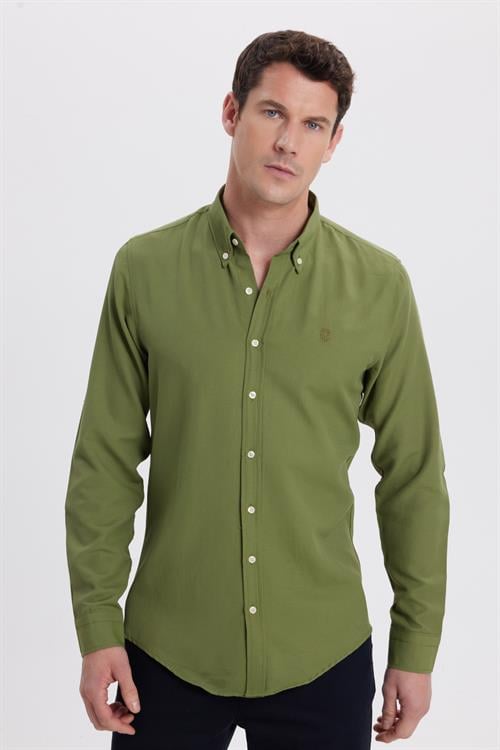 Erkek Slim Fit Dar Kesim Düz Oxford Armalı Düğmeli Yaka Yeşil Spor Gömlek