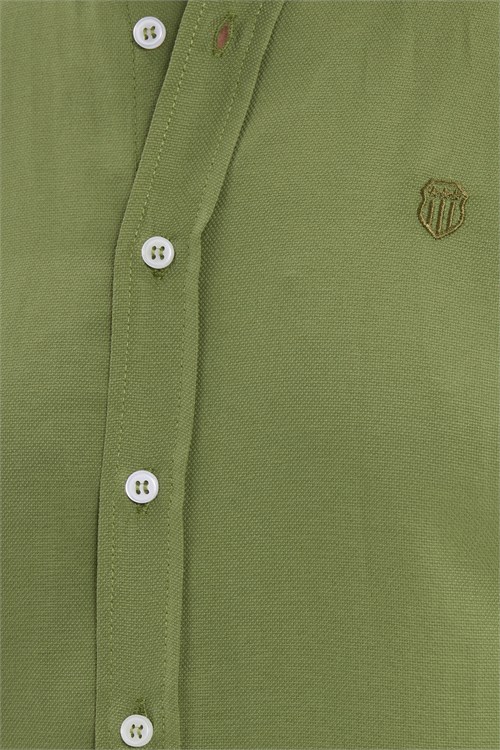 Erkek Slim Fit Dar Kesim Düz Oxford Armalı Düğmeli Yaka Yeşil Spor Gömlek