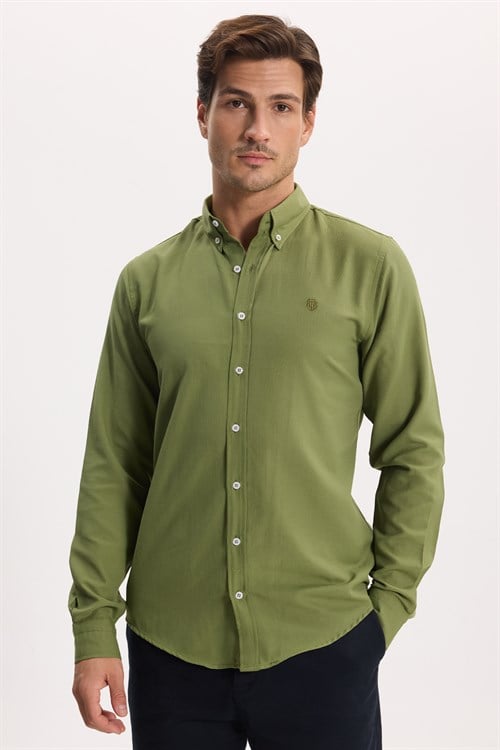 Erkek Slim Fit Dar Kesim Düz Oxford Armalı Düğmeli Yaka Yeşil Spor Gömlek