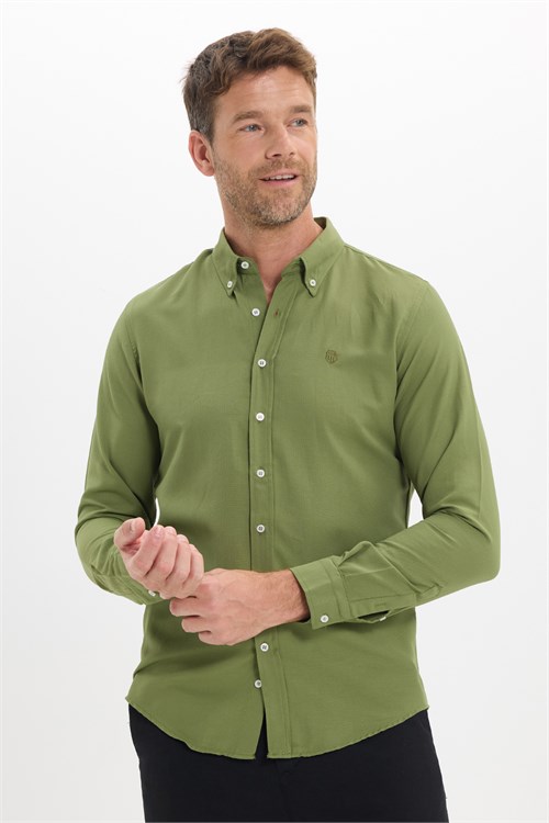 Erkek Slim Fit Dar Kesim Düz Oxford Armalı Düğmeli Yaka Yeşil Spor Gömlek