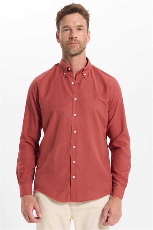Erkek Slim Fit Dar Kesim Düz Oxford Armalı Düğmeli Yaka Kiremit Spor Gömlek