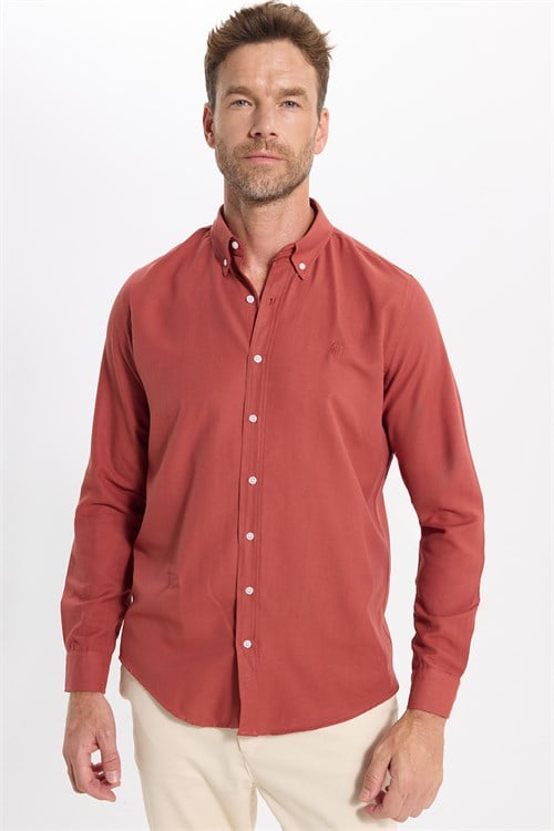 Erkek Slim Fit Dar Kesim Düz Oxford Armalı Düğmeli Yaka Kiremit Spor Gömlek