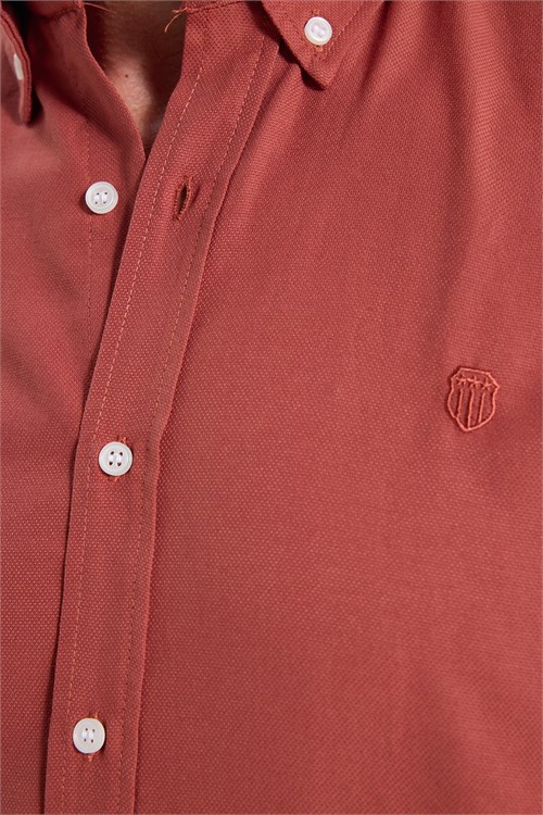 Erkek Slim Fit Dar Kesim Düz Oxford Armalı Düğmeli Yaka Kiremit Spor Gömlek