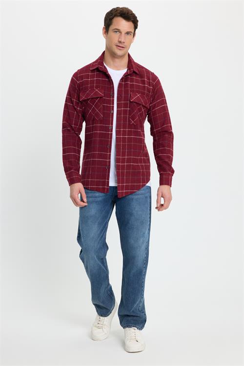 Erkek Slim Fit Dar Kesim Spor Yaka Çift Cep Kapaklı Kareli Gömlek
