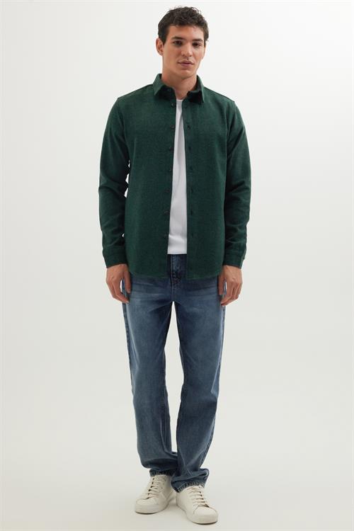 Erkek Slim Fit Dar Kesim Uzun Kollu Düz Kışlık Oduncu Yeşil Gömlek