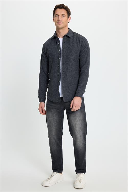 Erkek Slim Fit Dar Kesim Uzun Kollu Düz Kışlık Oduncu Koyu Gri Gömlek