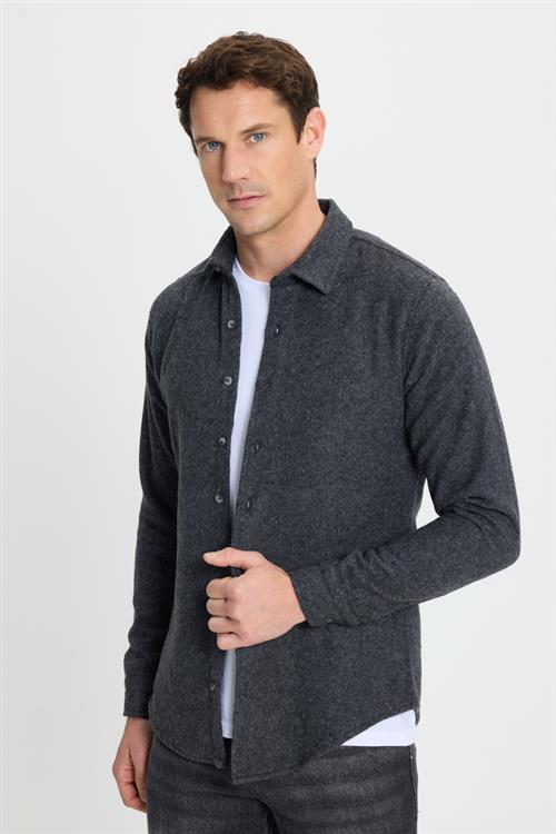 Erkek Slim Fit Dar Kesim Uzun Kollu Düz Kışlık Oduncu Koyu Gri Gömlek
