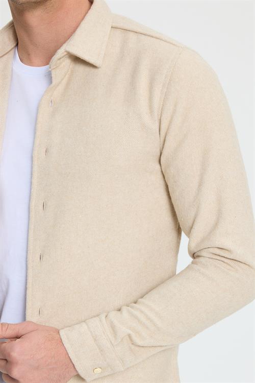 Erkek Slim Fit Dar Kesim Uzun Kollu Düz Kışlık Oduncu Bej Gömlek