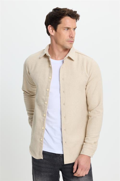 Erkek Slim Fit Dar Kesim Uzun Kollu Düz Kışlık Oduncu Bej Gömlek