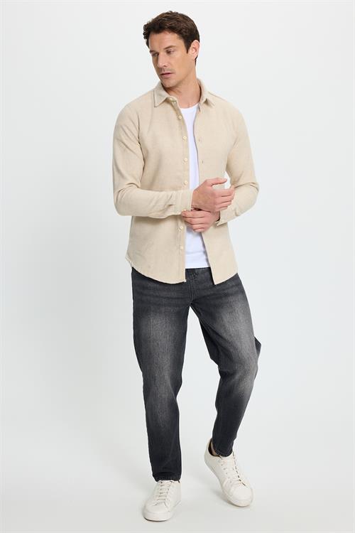 Erkek Slim Fit Dar Kesim Uzun Kollu Düz Kışlık Oduncu Bej Gömlek