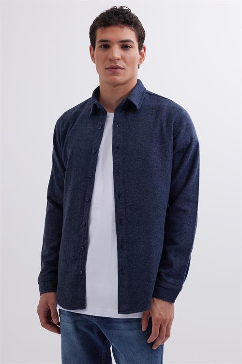 Erkek Slim Fit Dar Kesim Uzun Kollu Düz Kışlık Oduncu Lacivert Gömlek