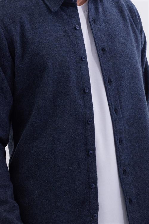 Erkek Slim Fit Dar Kesim Uzun Kollu Düz Kışlık Oduncu Lacivert Gömlek