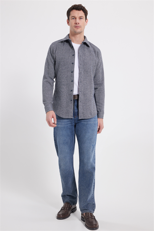 Erkek Slim Fit Dar Kesim Uzun Kollu Düz Kışlık Oduncu Gri Gömlek