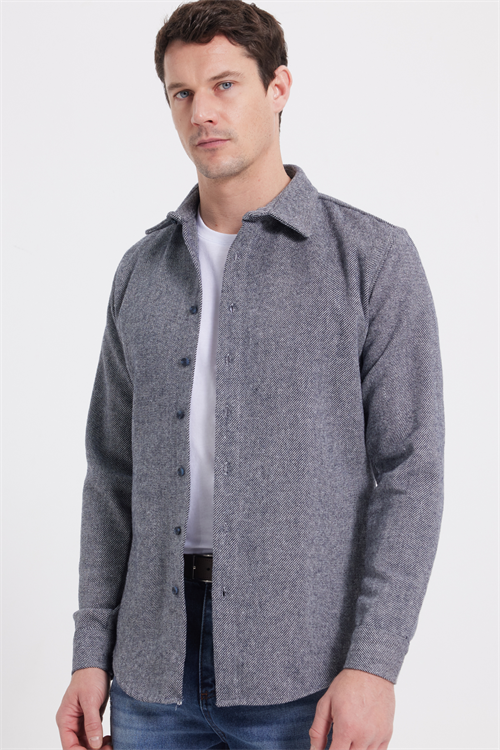 Erkek Slim Fit Dar Kesim Uzun Kollu Düz Kışlık Oduncu Gri Gömlek