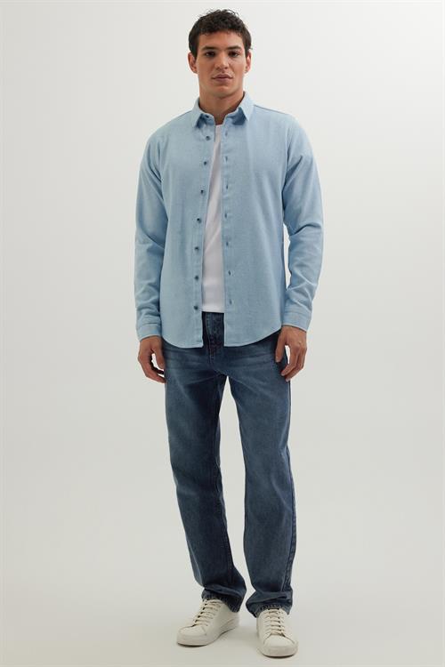 Erkek Slim Fit Dar Kesim Uzun Kollu Düz Kışlık Oduncu Mavi Gömlek