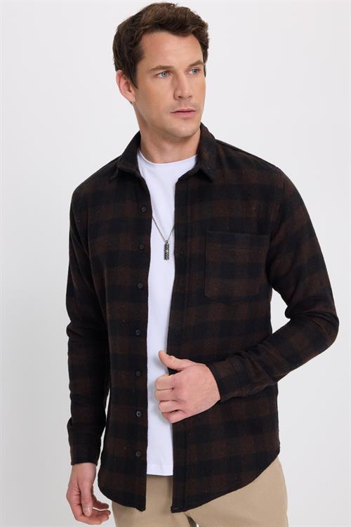 Erkek Slim Fit Dar Kesim Uzun Kollu Cepli Kareli Dama Desenli Kışlık Oduncu Gömlek