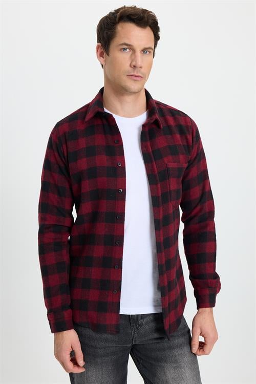 Erkek Slim Fit Dar Kesim Uzun Kollu Cepli Kareli Dama Desenli Kışlık Oduncu Gömlek