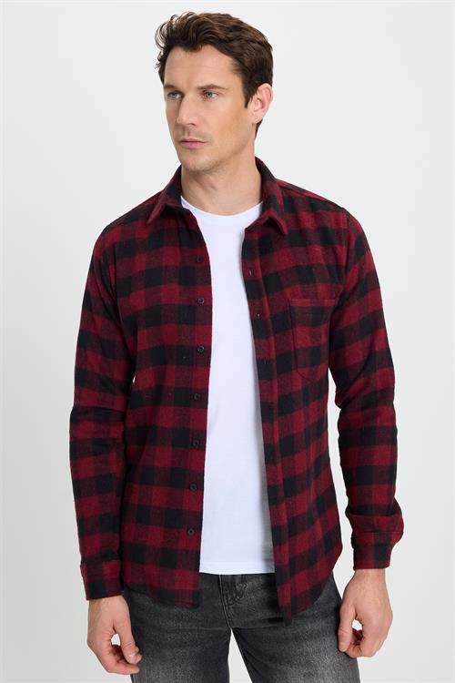 Erkek Slim Fit Dar Kesim Uzun Kollu Cepli Kareli Dama Desenli Kışlık Oduncu Gömlek