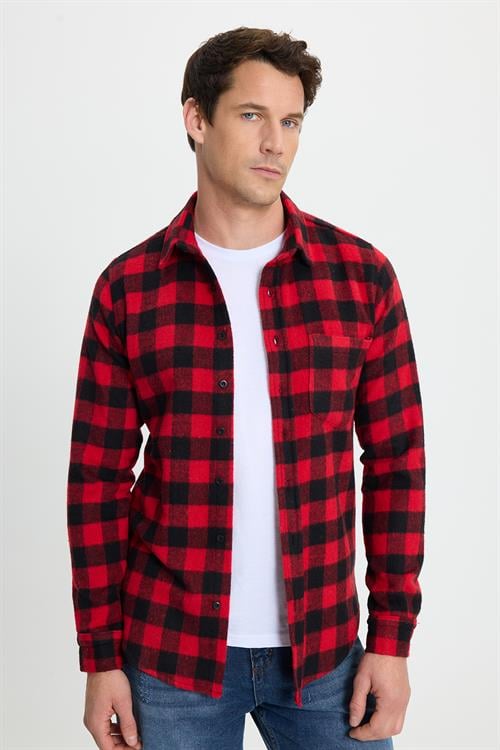 Erkek Slim Fit Dar Kesim Uzun Kollu Cepli Kareli Dama Desenli Kışlık Oduncu Gömlek