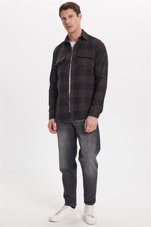 Erkek Slim Fit Dar Kesim Uzun Kollu Kapaklı Çift Cepli Kareli Kışlık Oduncu Gömlek