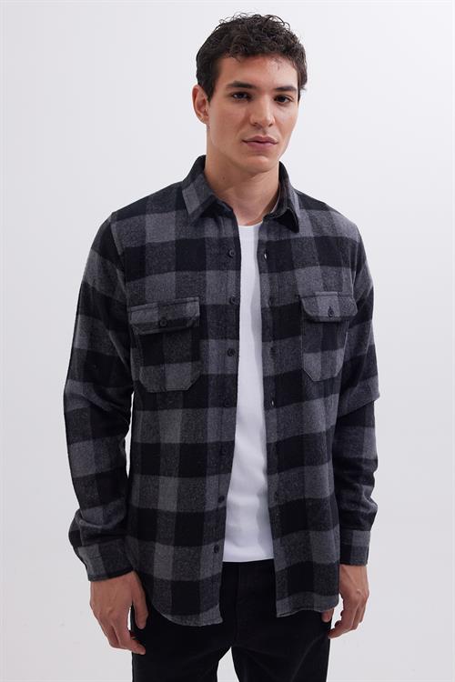Erkek Slim Fit Dar Kesim Uzun Kollu Kapaklı Çift Cepli Kareli Kışlık Oduncu Gömlek