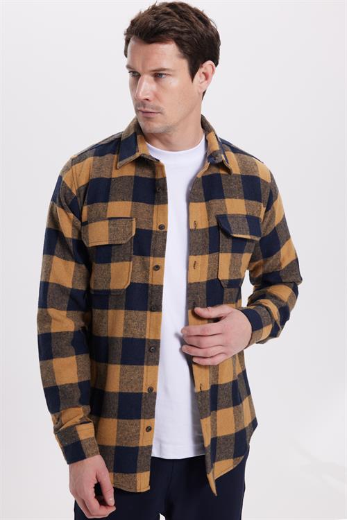 Erkek Slim Fit Dar Kesim Uzun Kollu Kapaklı Çift Cepli Kareli Kışlık Oduncu Gömlek