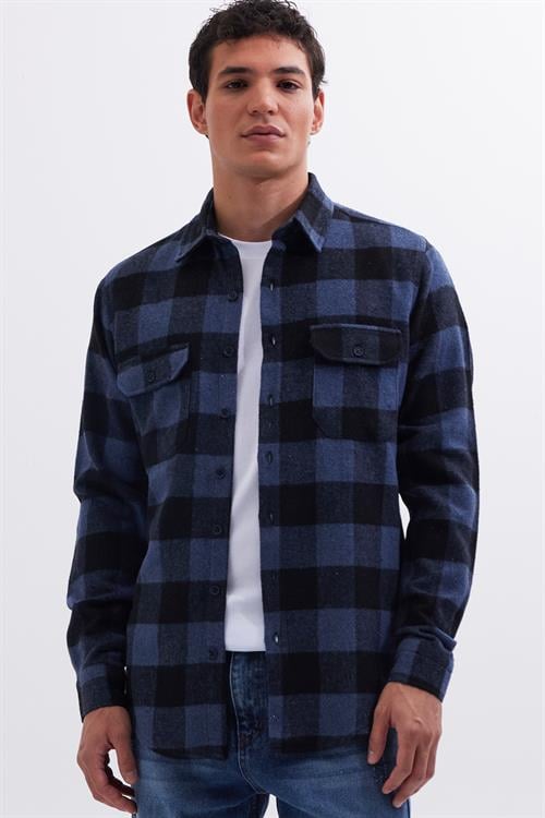 Erkek Slim Fit Dar Kesim Uzun Kollu Kapaklı Çift Cepli Kareli Kışlık Oduncu Gömlek