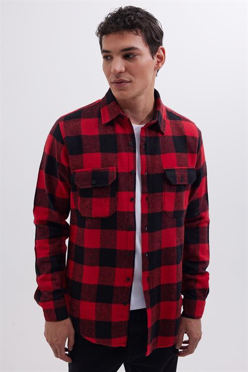 Erkek Slim Fit Dar Kesim Uzun Kollu Kapaklı Çift Cepli Kareli Kışlık Oduncu Gömlek