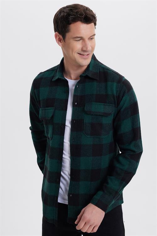 Erkek Slim Fit Dar Kesim Uzun Kollu Kapaklı Çift Cepli Kareli Kışlık Oduncu Gömlek