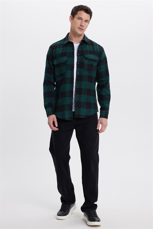 Erkek Slim Fit Dar Kesim Uzun Kollu Kapaklı Çift Cepli Kareli Kışlık Oduncu Gömlek