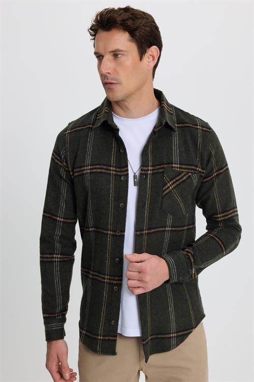 Erkek Slim Fit Dar Kesim Kareli Cepli Haki Oduncu Gömlek