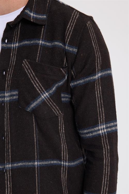 Erkek Slim Fit Dar Kesim Kareli Cepli Siyah Oduncu Gömlek