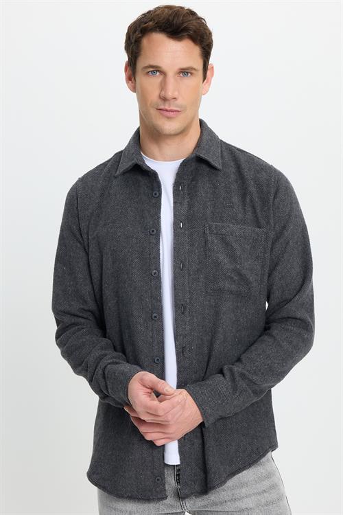 Erkek Slim Fit Dar Kesim  Armürlü Oduncu Cepli Spor Yaka Antrasit Gömlek