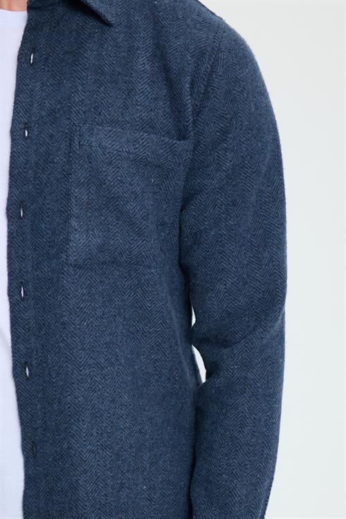 Erkek Slim Fit Dar Kesim  Armürlü Oduncu Cepli Spor Yaka İndigo Gömlek