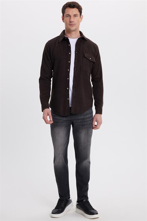 Erkek Slim Fit Tek Cep Kapaklı Düz Oduncu Spor Koyu Kahve Gömlek