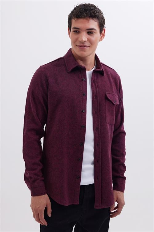 Erkek Slim Fit Tek Cep Kapaklı Düz Oduncu Spor Bordo Gömlek