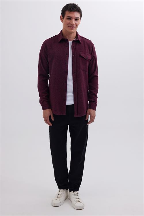 Erkek Slim Fit Tek Cep Kapaklı Düz Oduncu Spor Bordo Gömlek