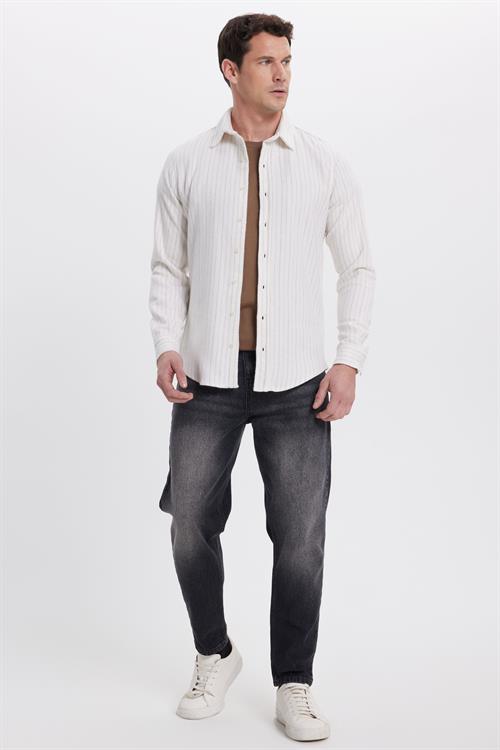 Erkek Slim Fit Dar Kesim Yaka Düğmeli Çizgili Oduncu Gömlek