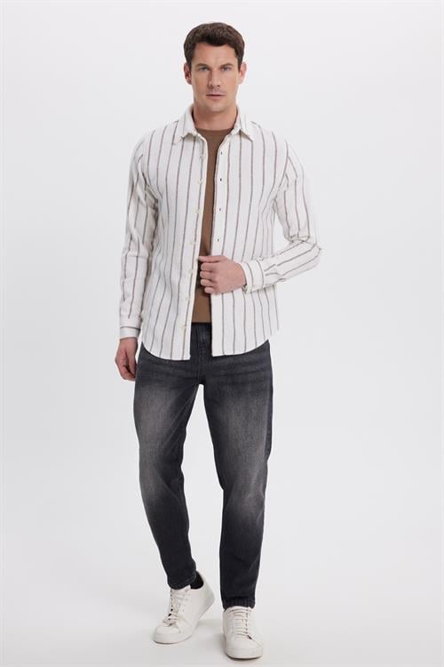 Erkek Slim Fit Dar Kesim Yaka Düğmeli Çizgili Oduncu Gömlek