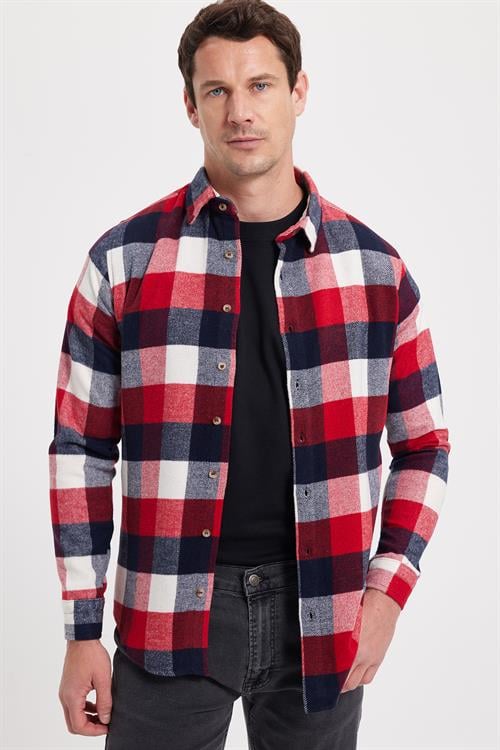 Erkek Slim Fit Dar Kesim Kareli Kışlık Oduncu Gömlek