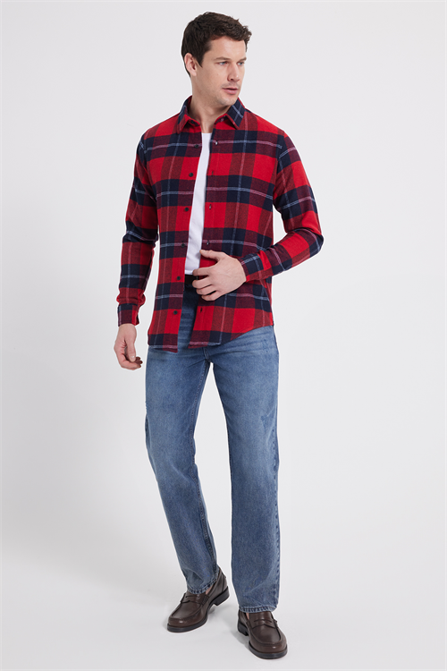 Erkek Slim Fit Dar Kesim Kareli Kışlık Oduncu Gömlek