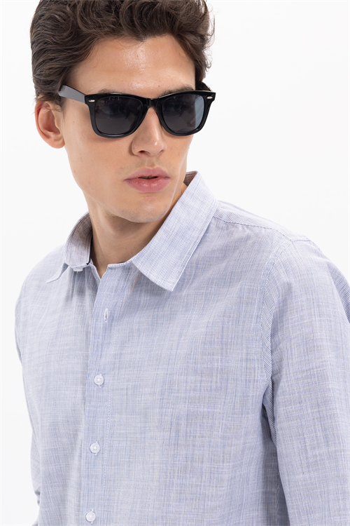 Erkek Slim Fit Dar Kesim %100 Pamuk Çizgili Uzun Kollu Keten Efektli Lacivert Gömlek