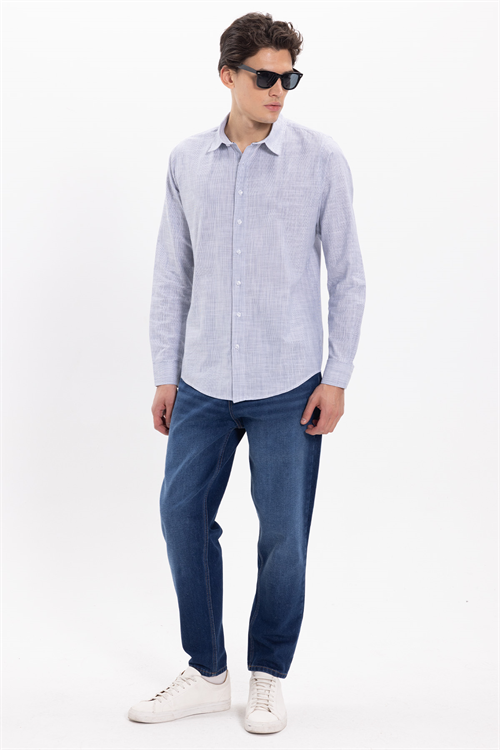Erkek Slim Fit Dar Kesim %100 Pamuk Çizgili Uzun Kollu Keten Efektli Lacivert Gömlek