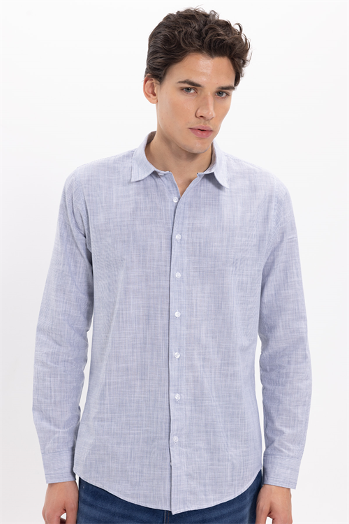 Erkek Slim Fit Dar Kesim %100 Pamuk Çizgili Uzun Kollu Keten Efektli Lacivert Gömlek