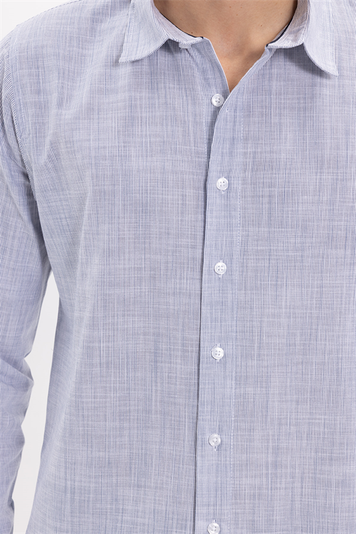 Erkek Slim Fit Dar Kesim %100 Pamuk Çizgili Uzun Kollu Keten Efektli Lacivert Gömlek
